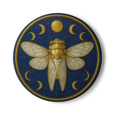 Round ceramic coaster featuring a central gold cicada and moon-phase design on a deep blue glazed surface; smooth ceramic top with natural cork backing for non-slip protection; 4-inch diameter, suitable for hot or cold drinks, easy to wipe clean, ideal for mystical, botanical, or occult-inspired home décor.